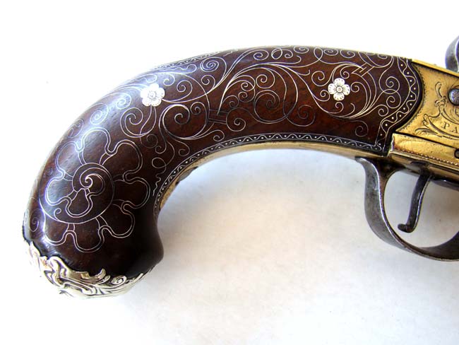 A Magnificent Brass Double Barreled Flintlock Pistol with Silver Inlays by John Parkes of London circa 1770. — image 2